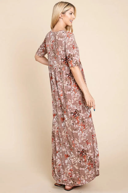BOMBOM Printed Shirred Maxi Dress - Premium Maxi Dress from Trendsi - Just $45.99! Shop now at Handbags Specialist Headquarter