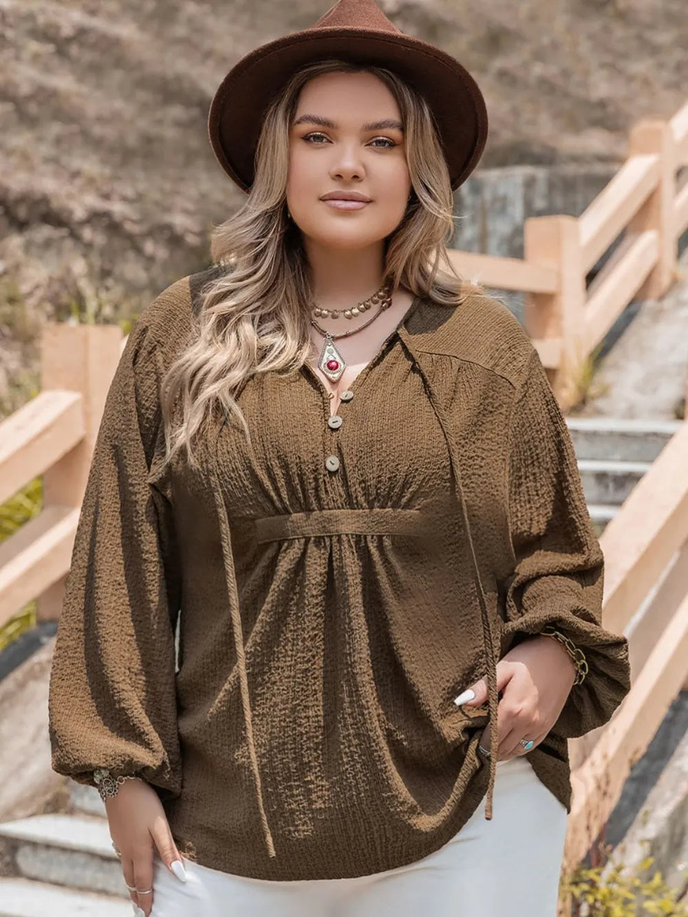 Plus Size Tie Neck Long Sleeve Blouse - Premium Plus Size Shirts from Trendsi - Just $28.50! Shop now at Handbags Specialist Headquarter