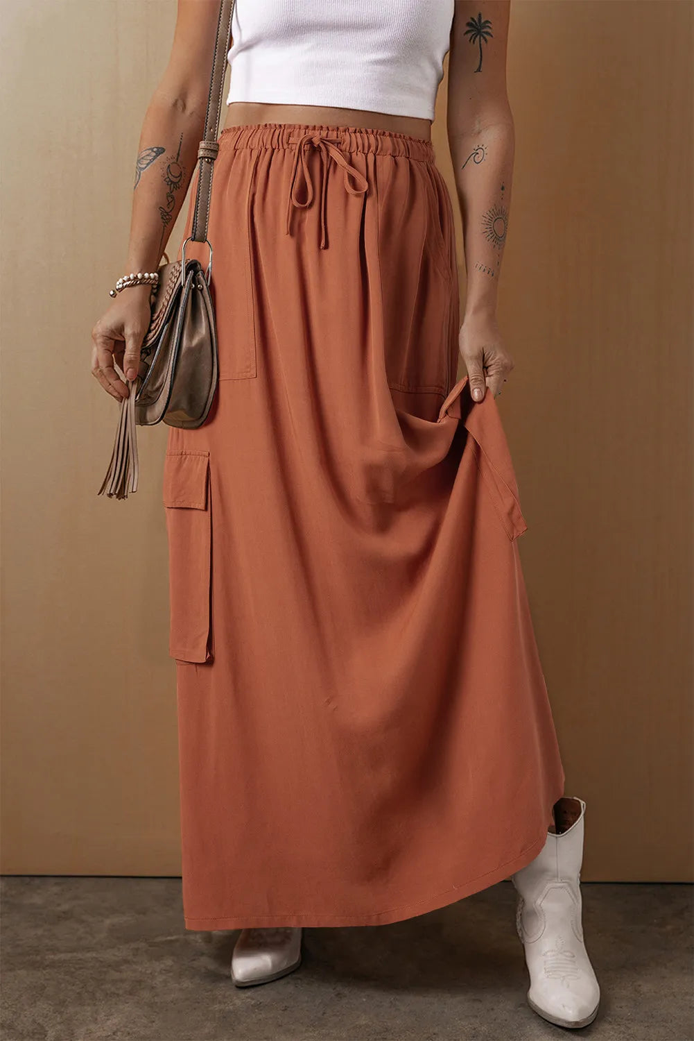 Drawstring Maxi Skirt with Pockets - Premium Skirts from Trendsi - Just $54.99! Shop now at Handbags Specialist Headquarter