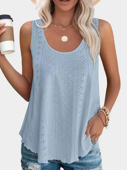 Florira Eyelet Round Neck Tank - Premium Tops from Trendsi - Just $18.22! Shop now at Handbags Specialist Headquarter