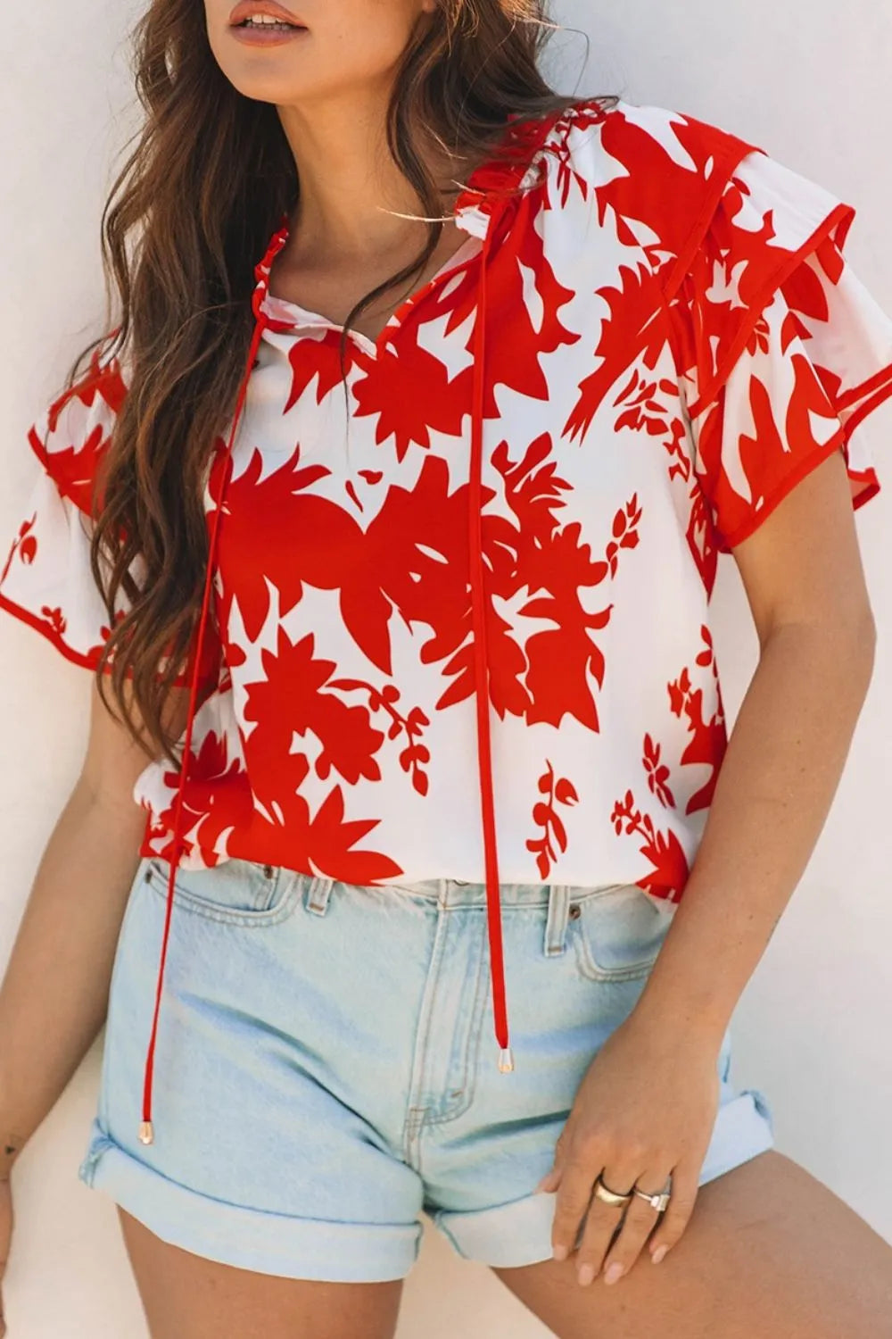 Plant Print Tiered Ruffled Sleeve Tie Neck Blouse - Premium Tops from Trendsi - Just $26.02! Shop now at Handbags Specialist Headquarter