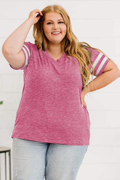 Plus Size Striped V-Neck Tee Shirt - Premium Plus Size Shirts from Trendsi - Just $26! Shop now at Handbags Specialist Headquarter
