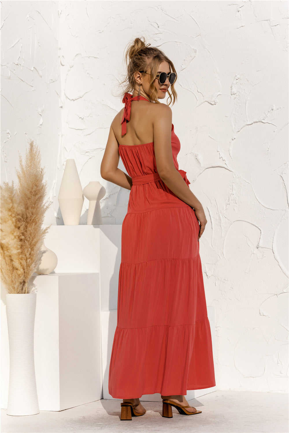 Halter Neck Tie Waist Tiered Maxi Dress - Premium Maxi Dress from Trendsi - Just $35.99! Shop now at Handbags Specialist Headquarter