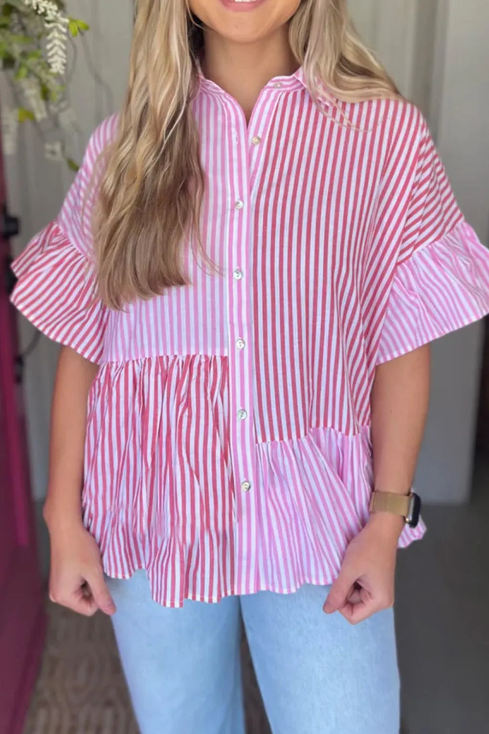 Button Down Striped Ruffled Hem Shirt - Premium Women's Down Shirt Tops from Trendsi - Just $28.46! Shop now at Handbags Specialist Headquarter