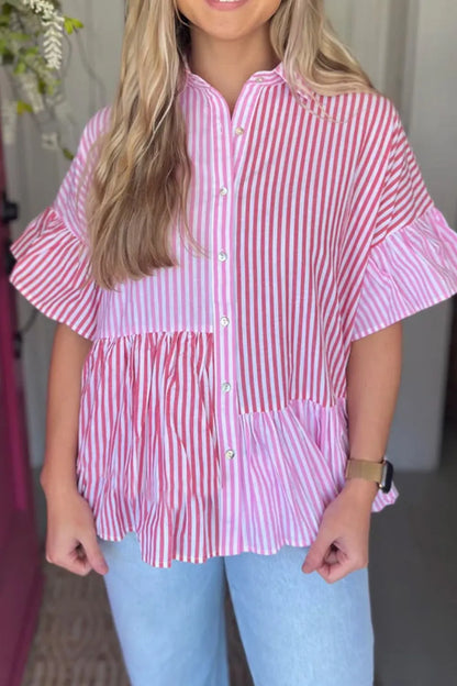 Button Down Striped Ruffled Hem Shirt - Premium Women's Down Shirt Tops from Trendsi - Just $28.46! Shop now at Handbags Specialist Headquarter