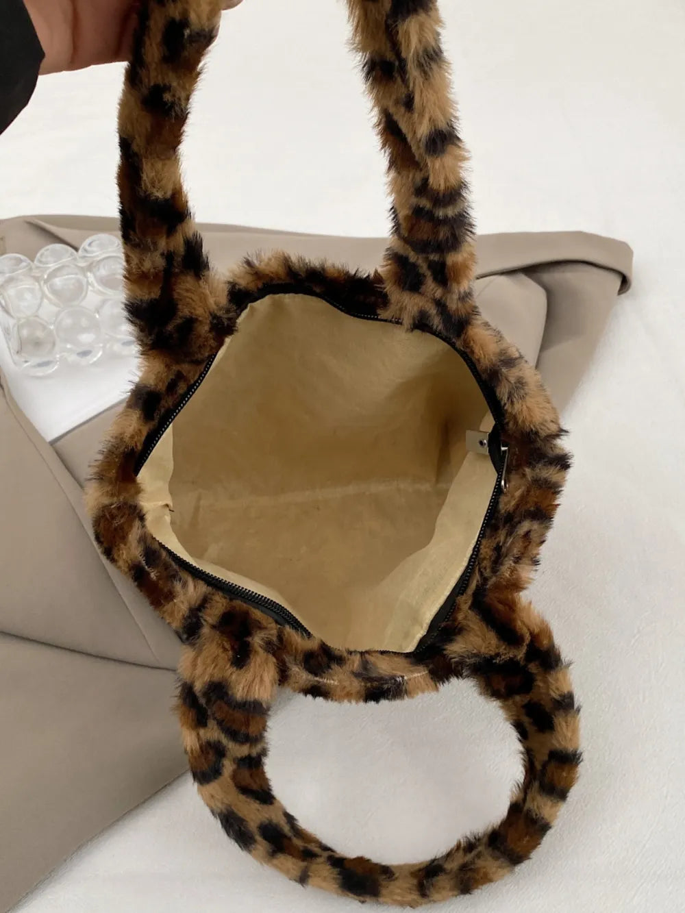 Leopard Fluff Handbag with Zip - Premium handbags from Trendsi - Just $14.99! Shop now at Handbags Specialist Headquarter