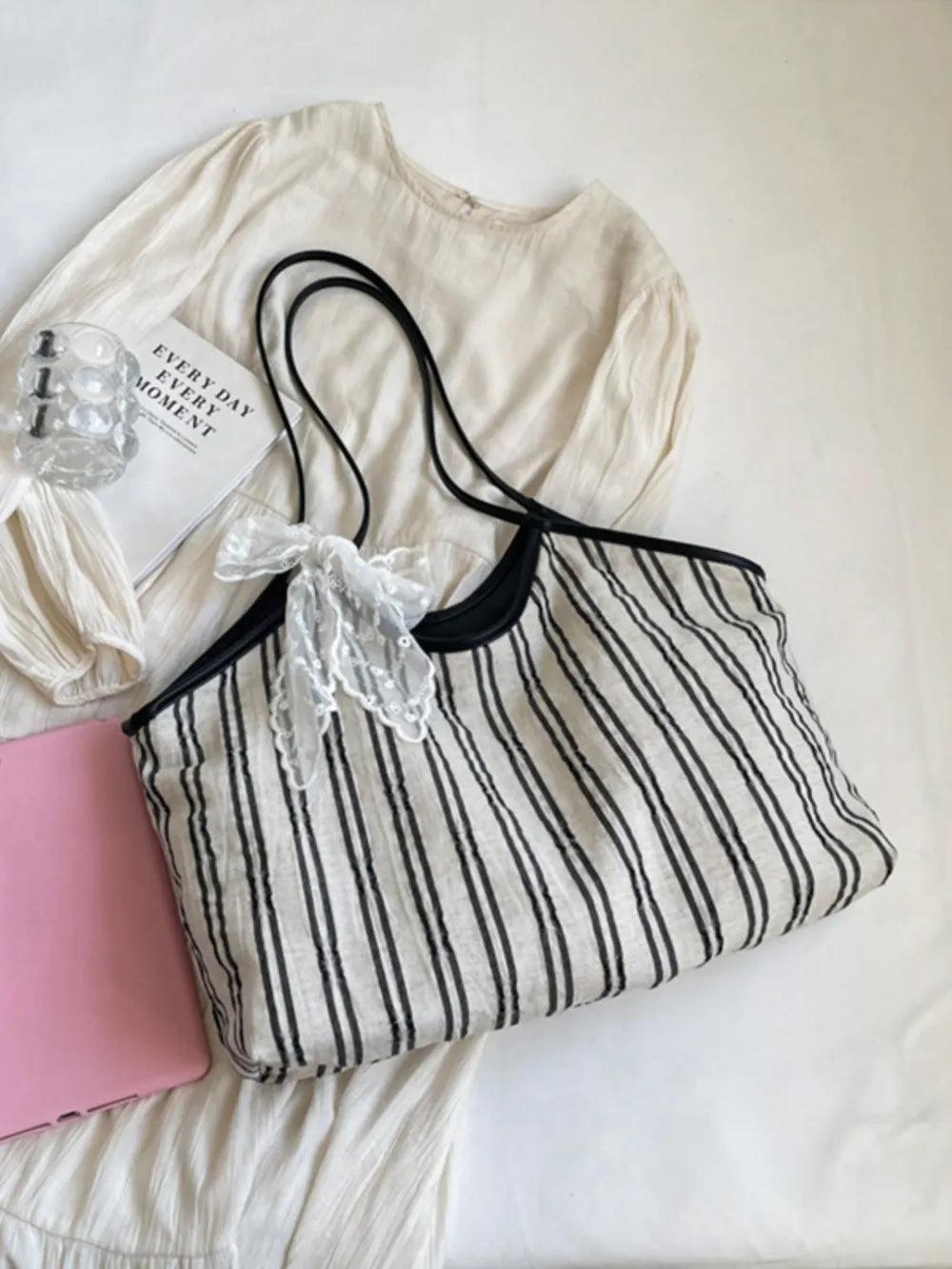 Striped Canvas Tote Bag - Premium Tote Bag from Trendsi - Just $39.99! Shop now at Handbags Specialist Headquarter