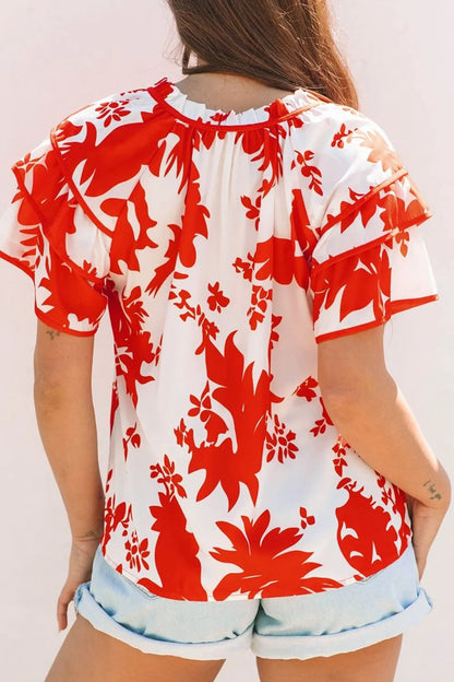 Plant Print Tiered Ruffled Sleeve Tie Neck Blouse - Premium Tops from Trendsi - Just $26.02! Shop now at Handbags Specialist Headquarter