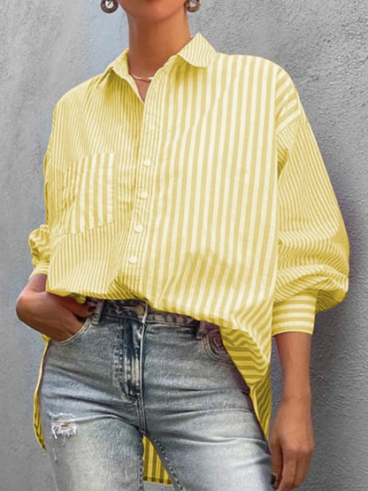 Striped Button Down Long Sleeve Shirt - Premium Women's Down Shirt Tops from Trendsi - Just $26.26! Shop now at Handbags Specialist Headquarter