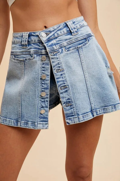 Annie Wear Button Detail Stretch Denim Wrap Mini Skort - Premium Skirts from Trendsi - Just $39.99! Shop now at Handbags Specialist Headquarter