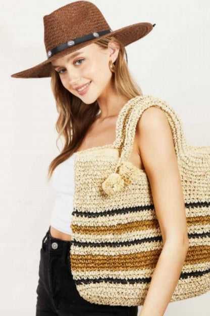 Fame Striped Straw Braided Tote Bag - Premium Tote Bag from Trendsi - Just $43.99! Shop now at Handbags Specialist Headquarter