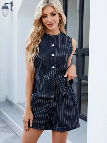 Round Neck Striped Top and Shorts Denim Set - Premium Women / Jeans & Denim from Trendsi - Just $26.36! Shop now at Handbags Specialist Headquarter
