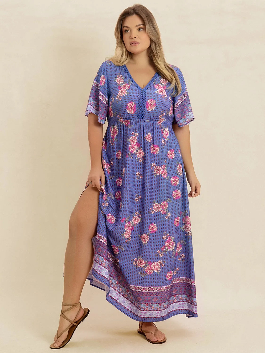 Plus Size Printed V-Neck Flutter Sleeve Dress - Premium Dresses from Trendsi - Just $38.99! Shop now at Handbags Specialist Headquarter