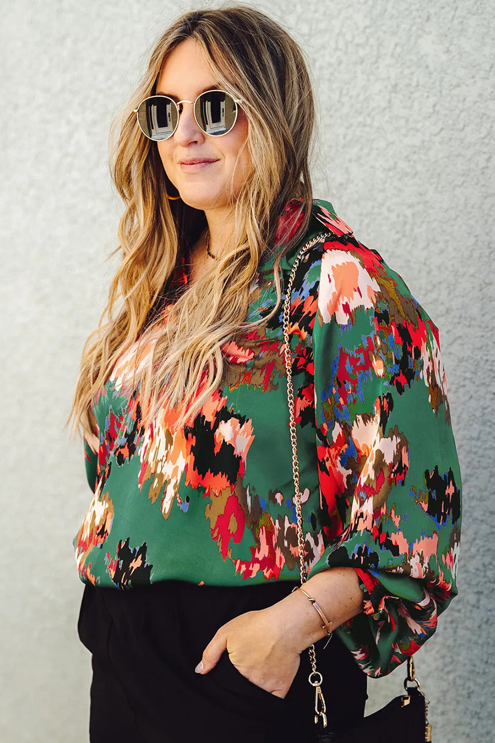 Plus Size Printed Johnny Collar Long Sleeve Blouse - Premium Plus Size Shirts from Trendsi - Just $29! Shop now at Handbags Specialist Headquarter