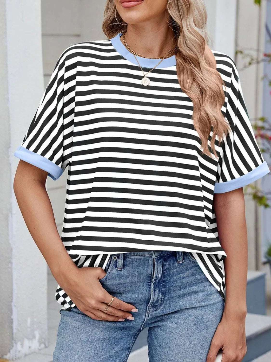 Striped Round Neck Half Sleeve T-Shirt - Premium Women / Tops from Trendsi - Just $19.34! Shop now at Handbags Specialist Headquarter