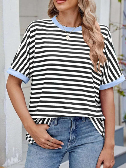 Striped Round Neck Half Sleeve T-Shirt - Premium Women / Tops from Trendsi - Just $19.34! Shop now at Handbags Specialist Headquarter