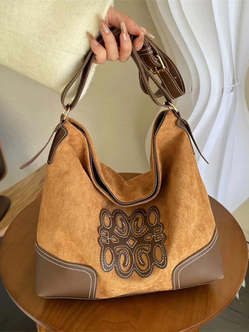 Suede Patch Adjustable Strap Tote Bag - Premium Tote Bag from Trendsi - Just $39.99! Shop now at Handbags Specialist Headquarter