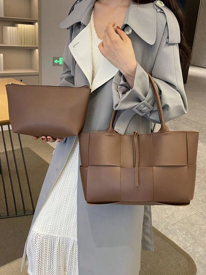 PU Leather Woven Handbag and Clutch Set - Premium handbags from Trendsi - Just $21.99! Shop now at Handbags Specialist Headquarter