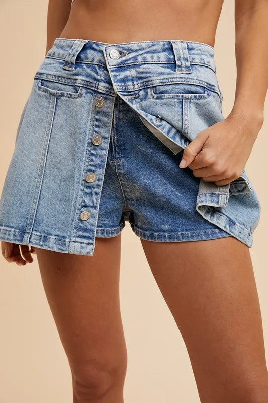 Annie Wear Button Detail Stretch Denim Wrap Mini Skort - Premium Skirts from Trendsi - Just $39.99! Shop now at Handbags Specialist Headquarter