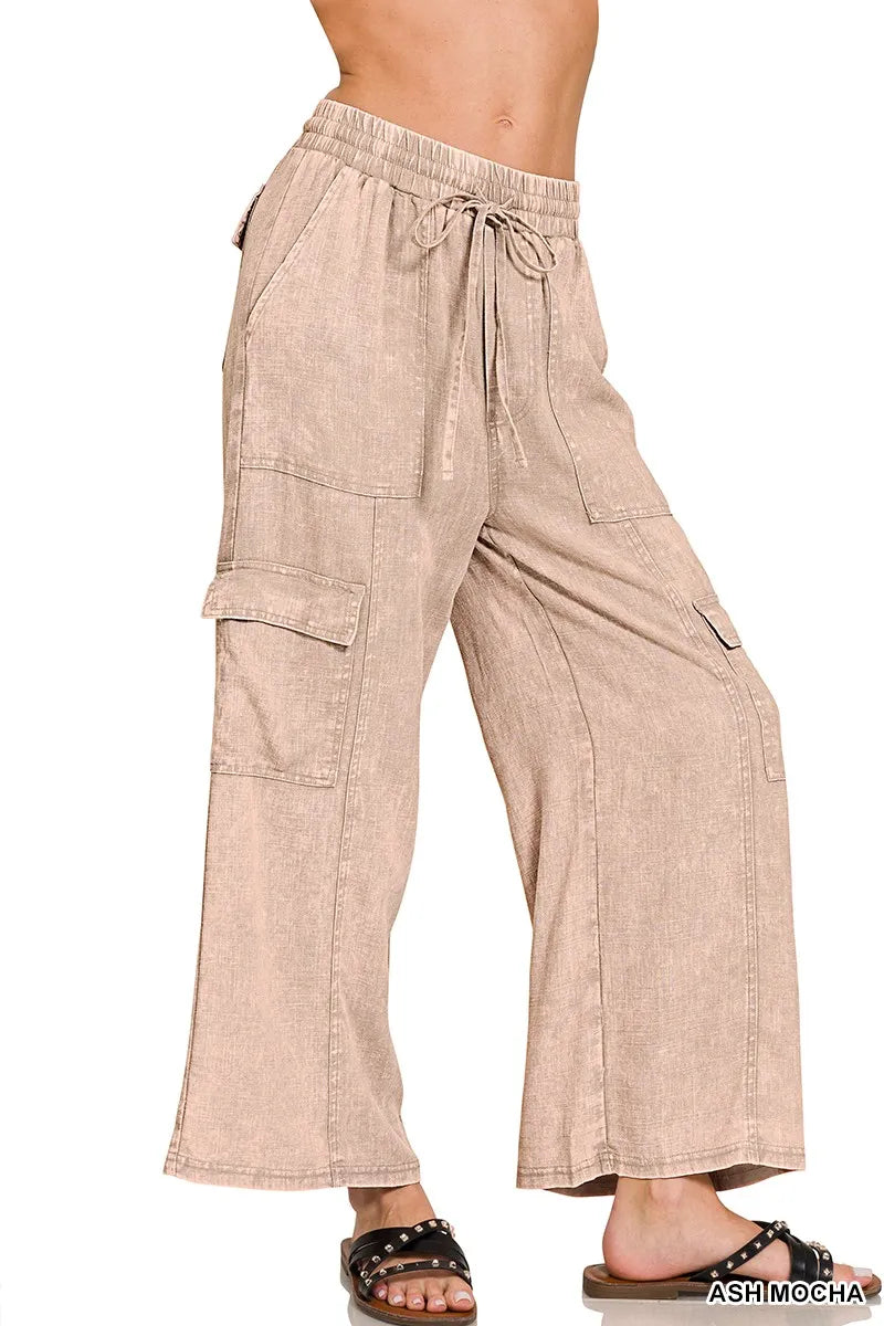 Zenana Washed Linen Elastic Band Waist Cargo Pants - Premium Women Pants from Trendsi - Just $42.99! Shop now at Handbags Specialist Headquarter