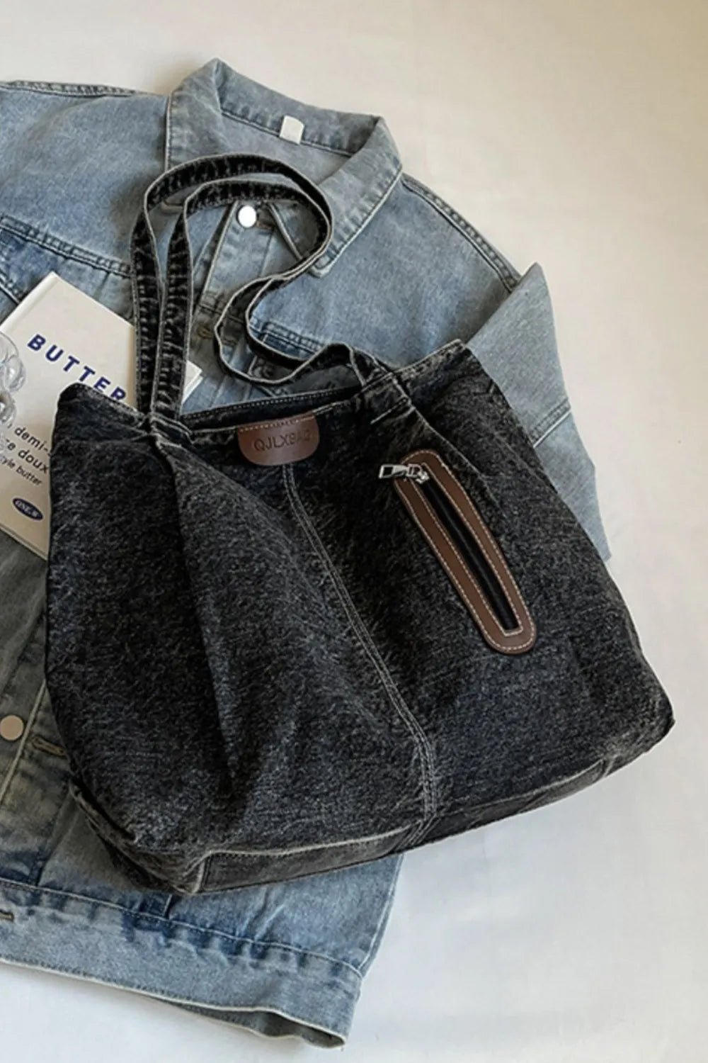 Medium Denim Tote Bag - Premium Tote Bag from Trendsi - Just $32.99! Shop now at Handbags Specialist Headquarter