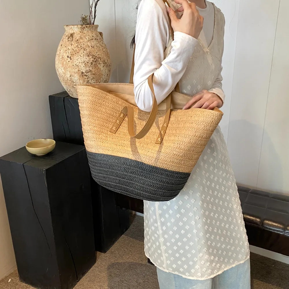 Contrast Straw Braided Handbag - Premium Tote Bag from Trendsi - Just $32.99! Shop now at Handbags Specialist Headquarter