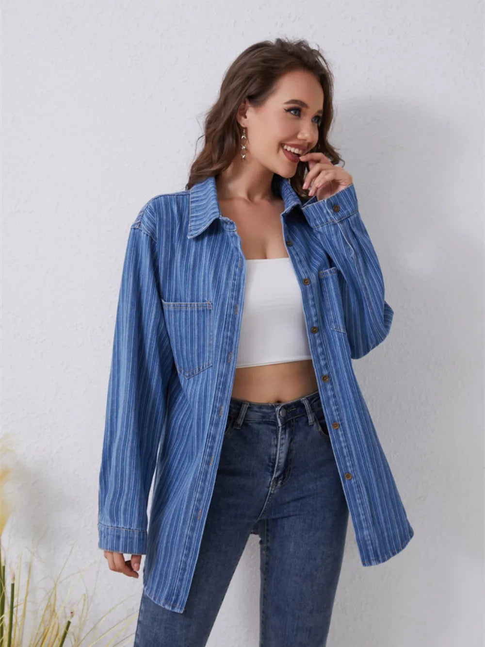 Pocketed Striped Button Up Denim Shirt - Premium Women / Jeans & Denim from Trendsi - Just $47! Shop now at Handbags Specialist Headquarter