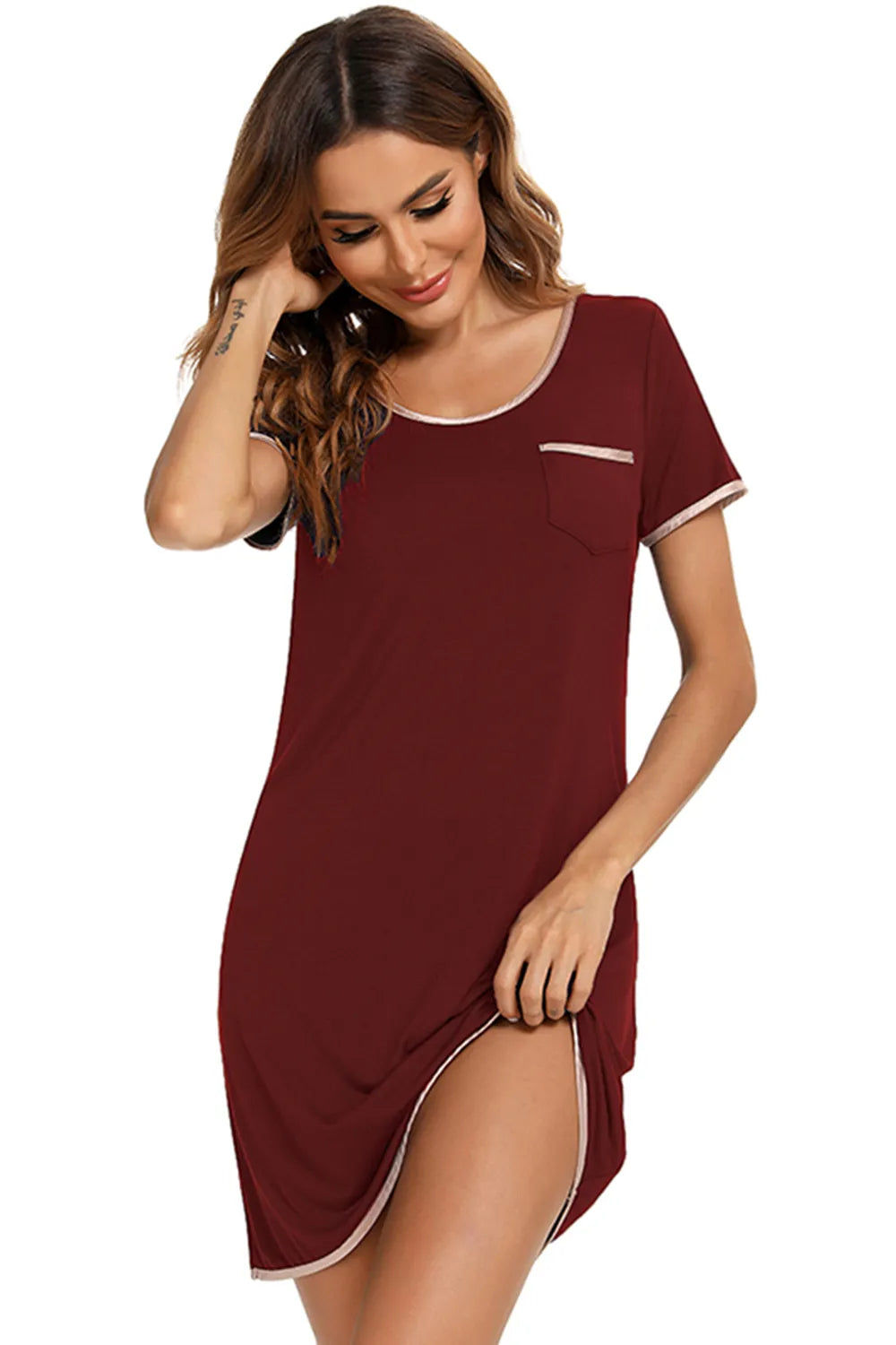 Contrast Trim Pocketed Round Neck Lounge Dress - Premium Sleepwear from Trendsi - Just $27.99! Shop now at Handbags Specialist Headquarter