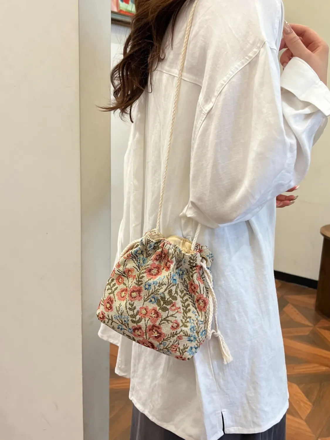 Rope Drawstring Floral Bucket Bag.