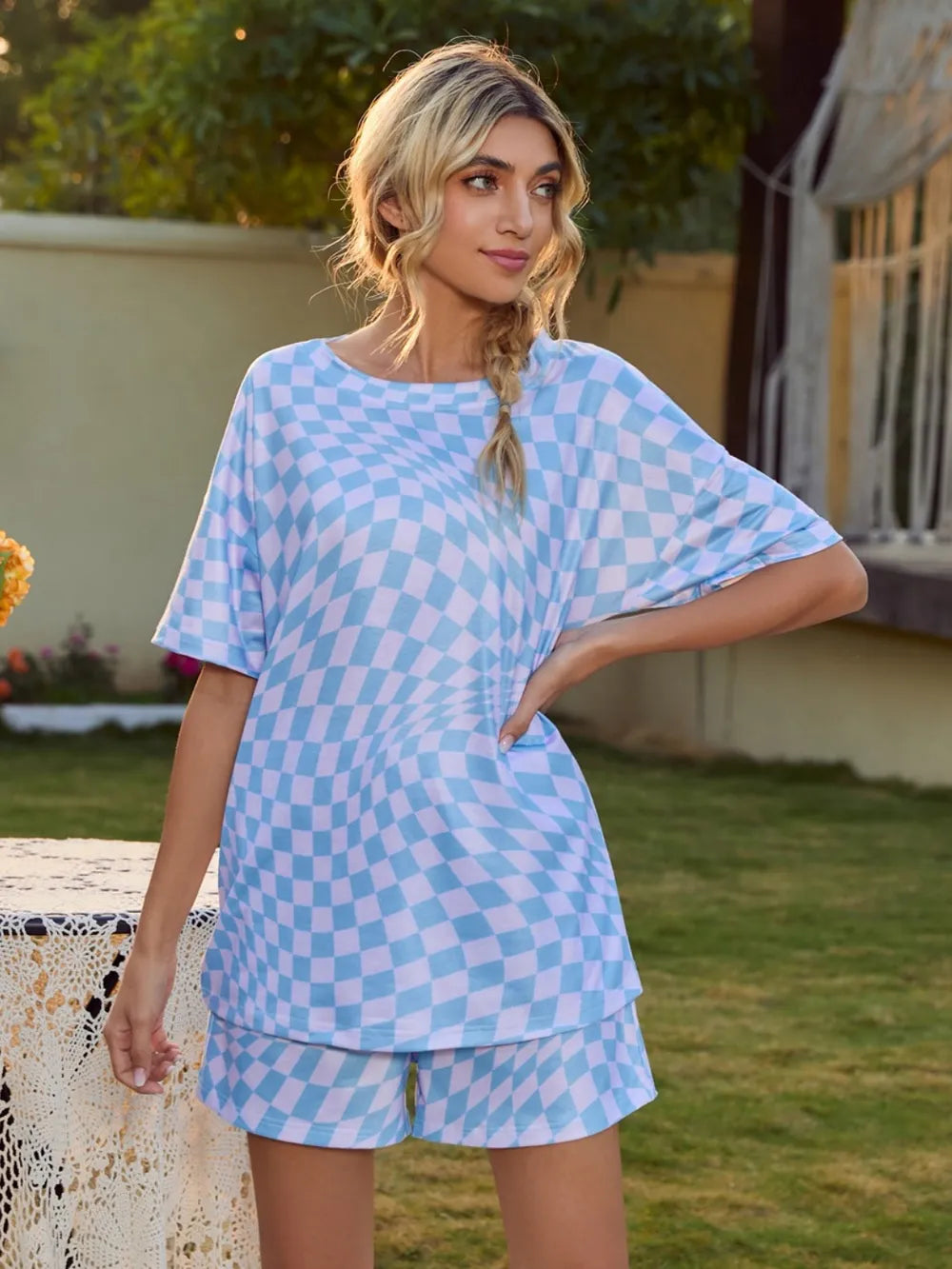Plaid Round Neck Top and Shorts Lounge Set - Premium sleepwear from Trendsi - Just $30.99! Shop now at Handbags Specialist Headquarter