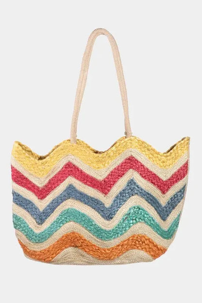 Fame Wavy Rainbow Straw Tote Bag.
