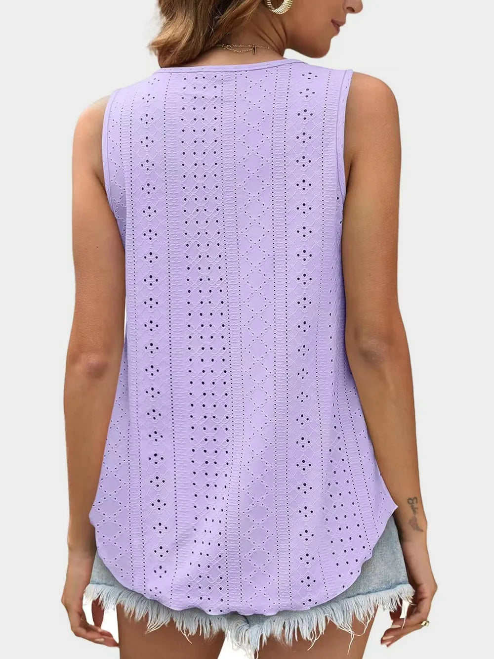 Florira Eyelet Round Neck Tank - Premium Tops from Trendsi - Just $18.22! Shop now at Handbags Specialist Headquarter