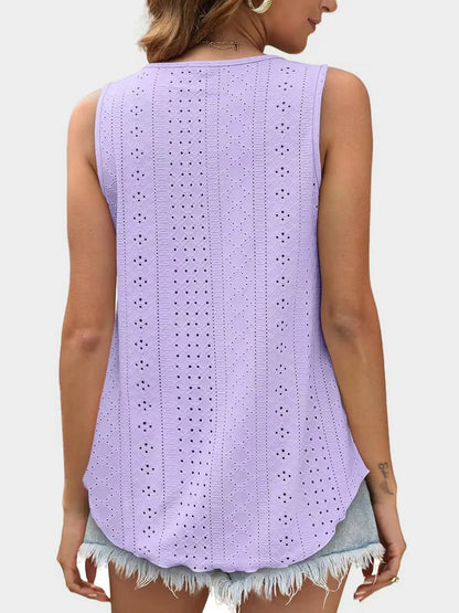 Florira Eyelet Round Neck Tank - Premium Tops from Trendsi - Just $18.22! Shop now at Handbags Specialist Headquarter