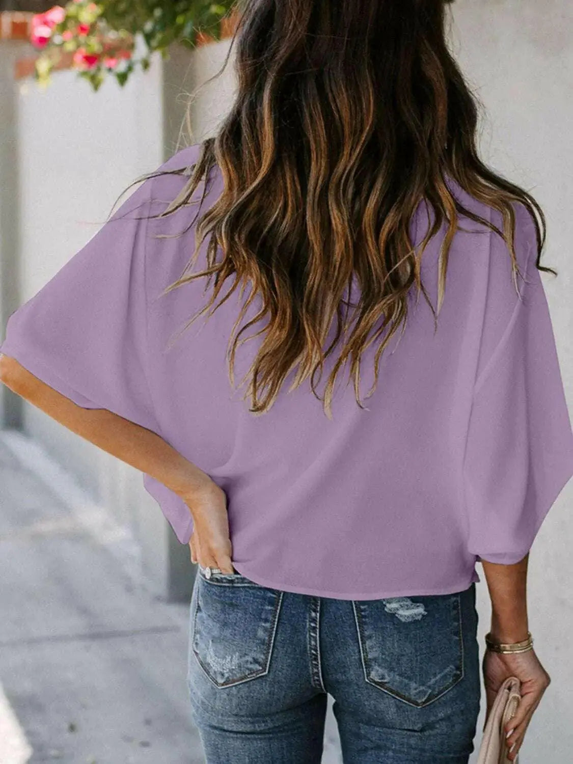 Full Size Ruched Three-Quarter Sleeve Blouse Plus Size.