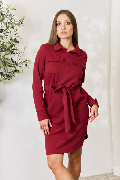 Culture Code Full Size Tie Front Half Zip Long Sleeve Shirt Dress - Premium Dresses from Trendsi - Just $37.99! Shop now at Handbags Specialist Headquarter