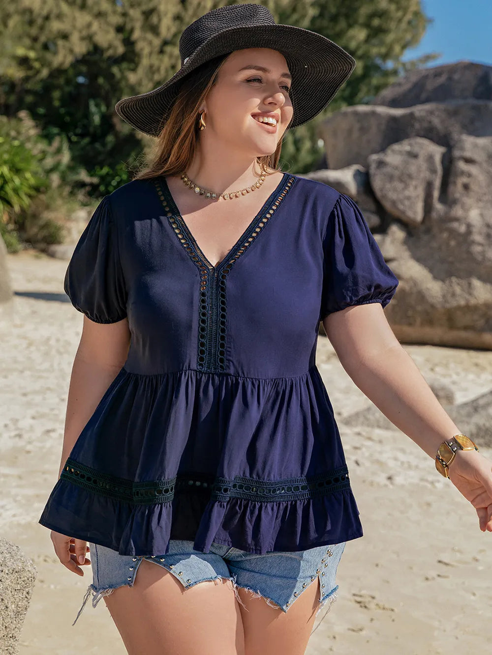 Plus Size Peplum V-Neck Short Sleeve Blouse - Premium Plus Size Shirts from Trendsi - Just $24.02! Shop now at Handbags Specialist Headquarter