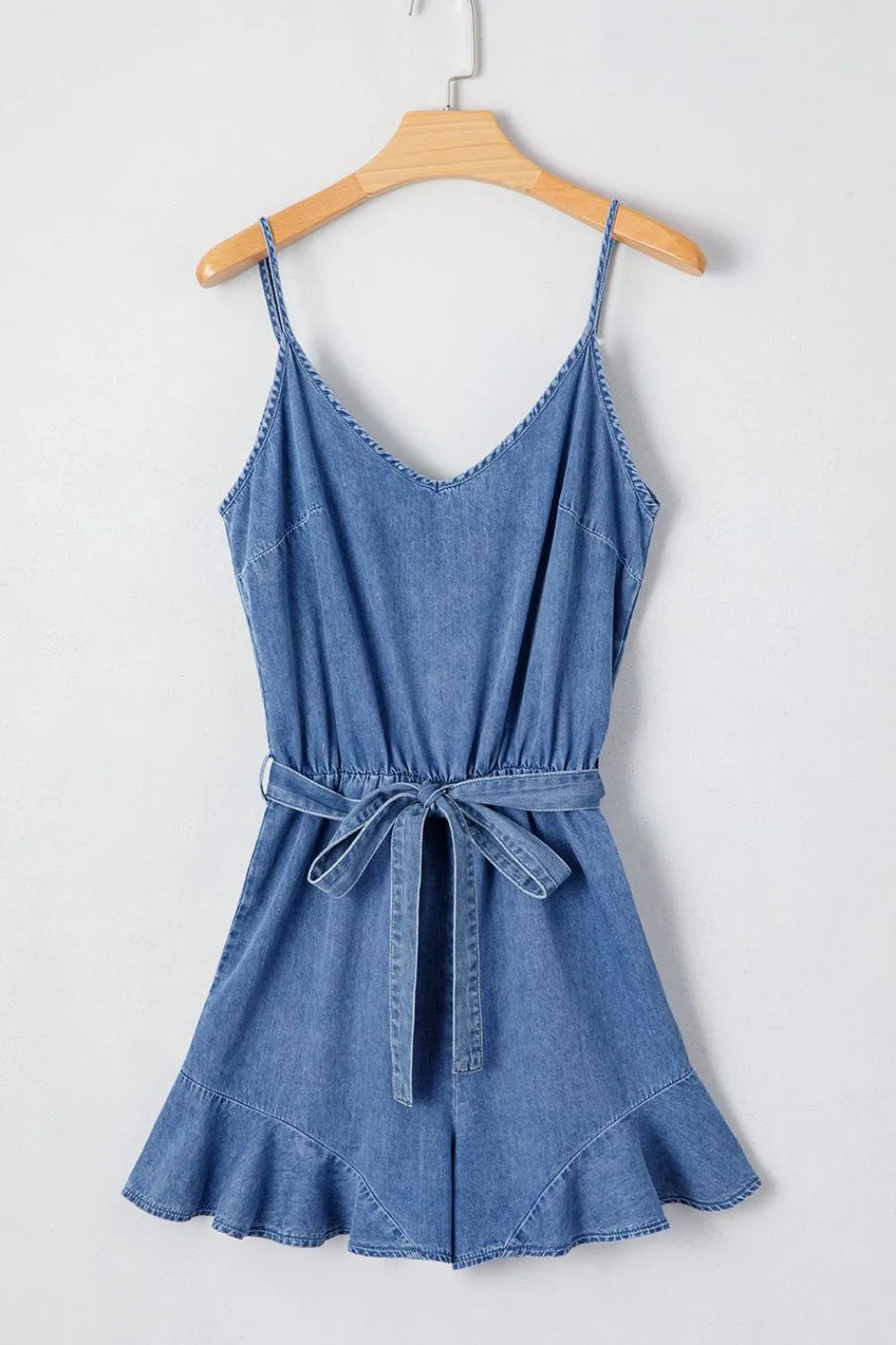 Spaghetti Straps V Neck Belted Ruffled Leg Chambray Romper - Premium Women / Jeans & Denim from Trendsi - Just $45.60! Shop now at Handbags Specialist Headquarter