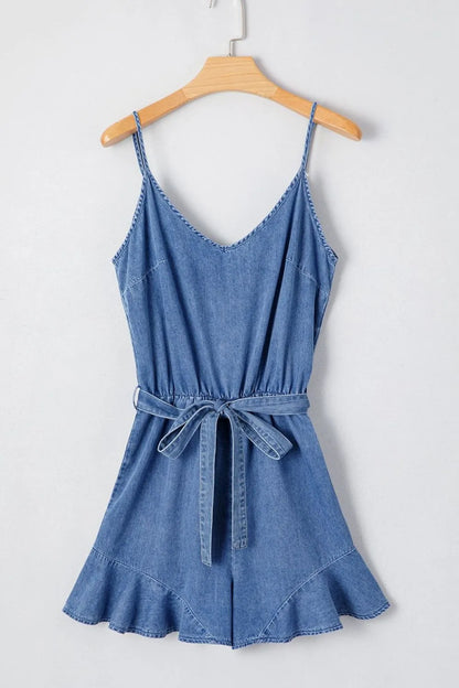 Spaghetti Straps V Neck Belted Ruffled Leg Chambray Romper - Premium Women / Jeans & Denim from Trendsi - Just $45.60! Shop now at Handbags Specialist Headquarter
