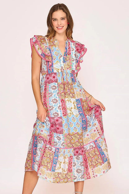 Umgee Full Size Tie Neck Double Layered Ruffle Sleeve Midi Dress Plus Size - Premium Dresses from Trendsi - Just $58.99! Shop now at Handbags Specialist Headquarter