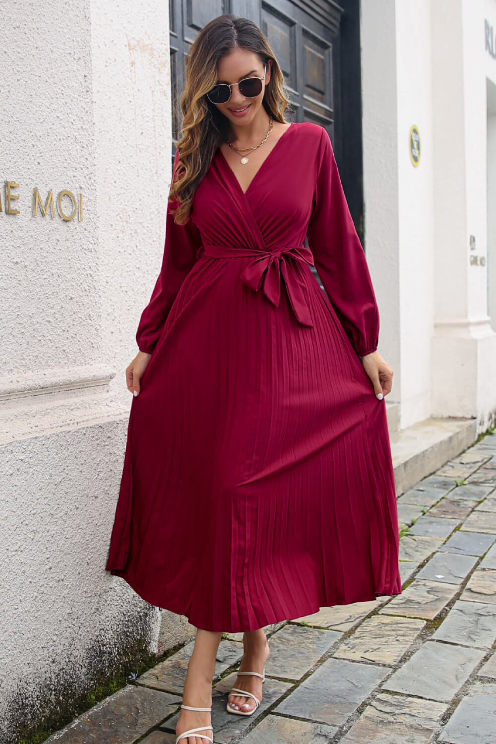 Pleated Long Sleeve Surplice Maxi Dress - Premium Maxi Dress from Trendsi - Just $36.99! Shop now at Handbags Specialist Headquarter