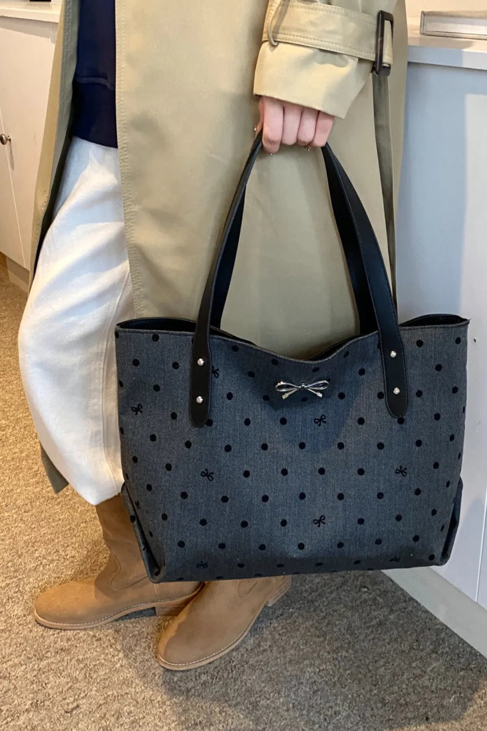 Polyester Bow Polka Dot Tote Bag - Premium Tote Bag from Trendsi - Just $39.99! Shop now at Handbags Specialist Headquarter