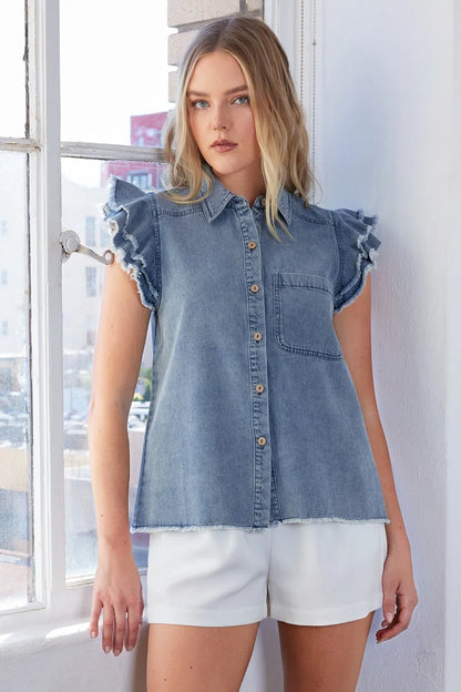 Mittoshop Washed Denim Ruffle Short Sleeve Collared Shirt - Premium Women / Jeans & Denim from Trendsi - Just $53.80! Shop now at Handbags Specialist Headquarter