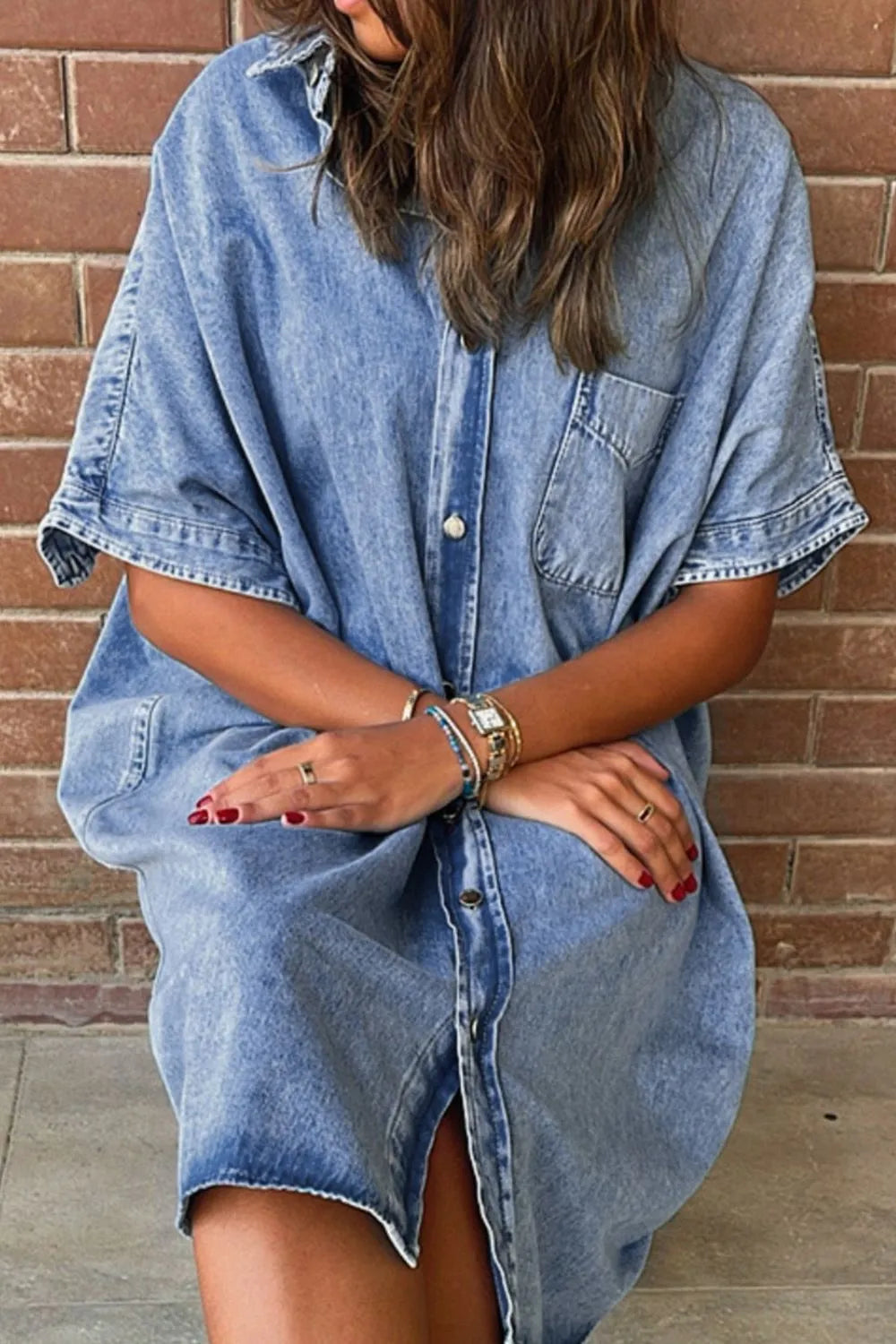 Oversized Button Down Denim Shirt Dress - Premium Women / Jeans & Denim from Trendsi - Just $65.94! Shop now at Handbags Specialist Headquarter