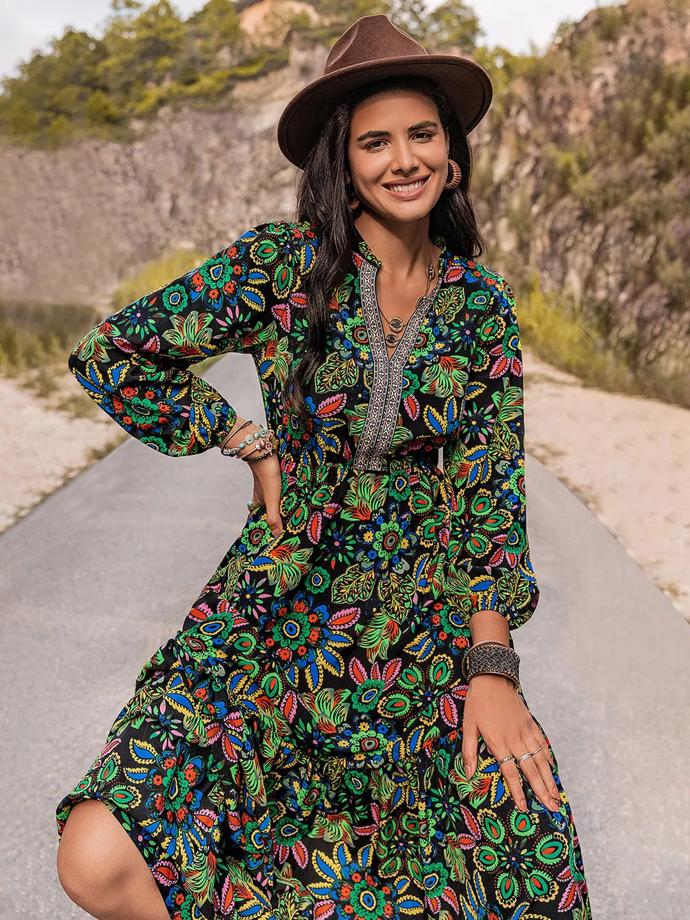 Printed Notched Neck Maxi Dress - Premium Maxi Dress from Trendsi - Just $49.99! Shop now at Handbags Specialist Headquarter