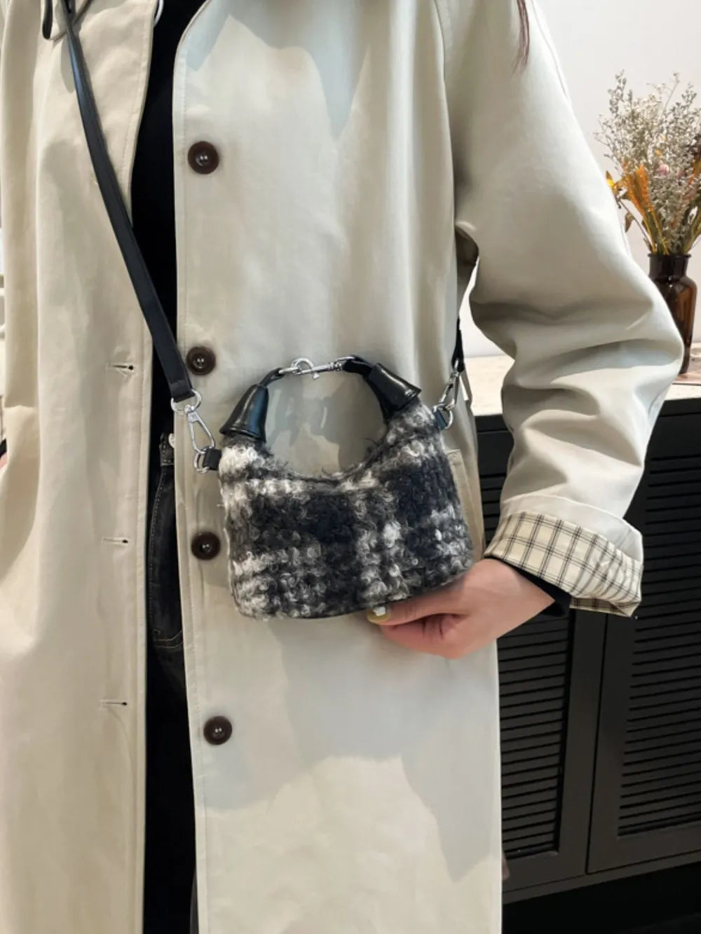 Fuzzy Polyester Mini Handbag with Zipper - Premium Tote Bag from Trendsi - Just $39.99! Shop now at Handbags Specialist Headquarter