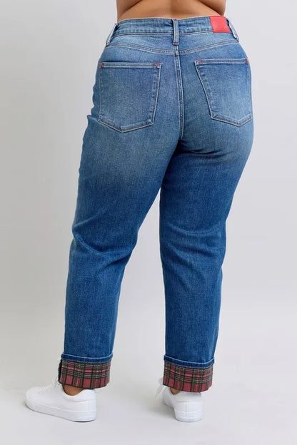 Judy Blue Full Size Mr Plaid Print Cuff Bf Jeans Plus Size - Premium Women / Jeans & Denim from Trendsi - Just $66.99! Shop now at Handbags Specialist Headquarter