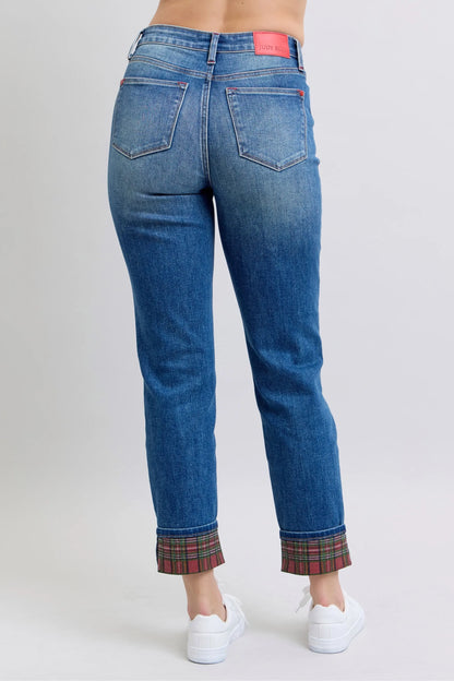 Judy Blue Full Size Mr Plaid Print Cuff Bf Jeans Plus Size - Premium Women / Jeans & Denim from Trendsi - Just $66.99! Shop now at Handbags Specialist Headquarter