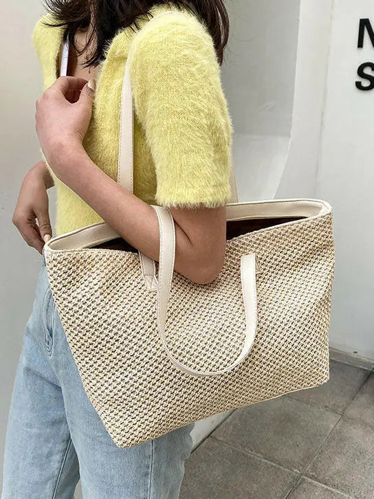 Solid Color Woven Tote Bag - Premium Tote Bag from Trendsi - Just $35.99! Shop now at Handbags Specialist Headquarter