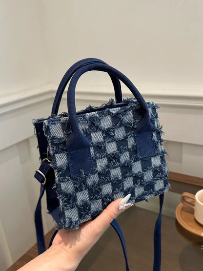 Raw Hem Checkered Denim Handbag - Premium Tote Bag from Trendsi - Just $39.99! Shop now at Handbags Specialist Headquarter