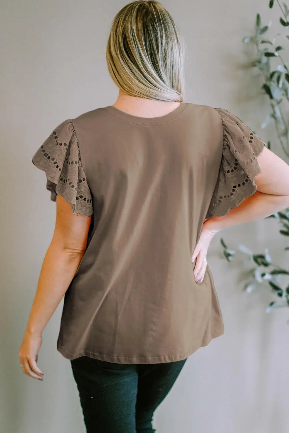 Plus Size Eyelet Round Neck Short Sleeve Blouse.